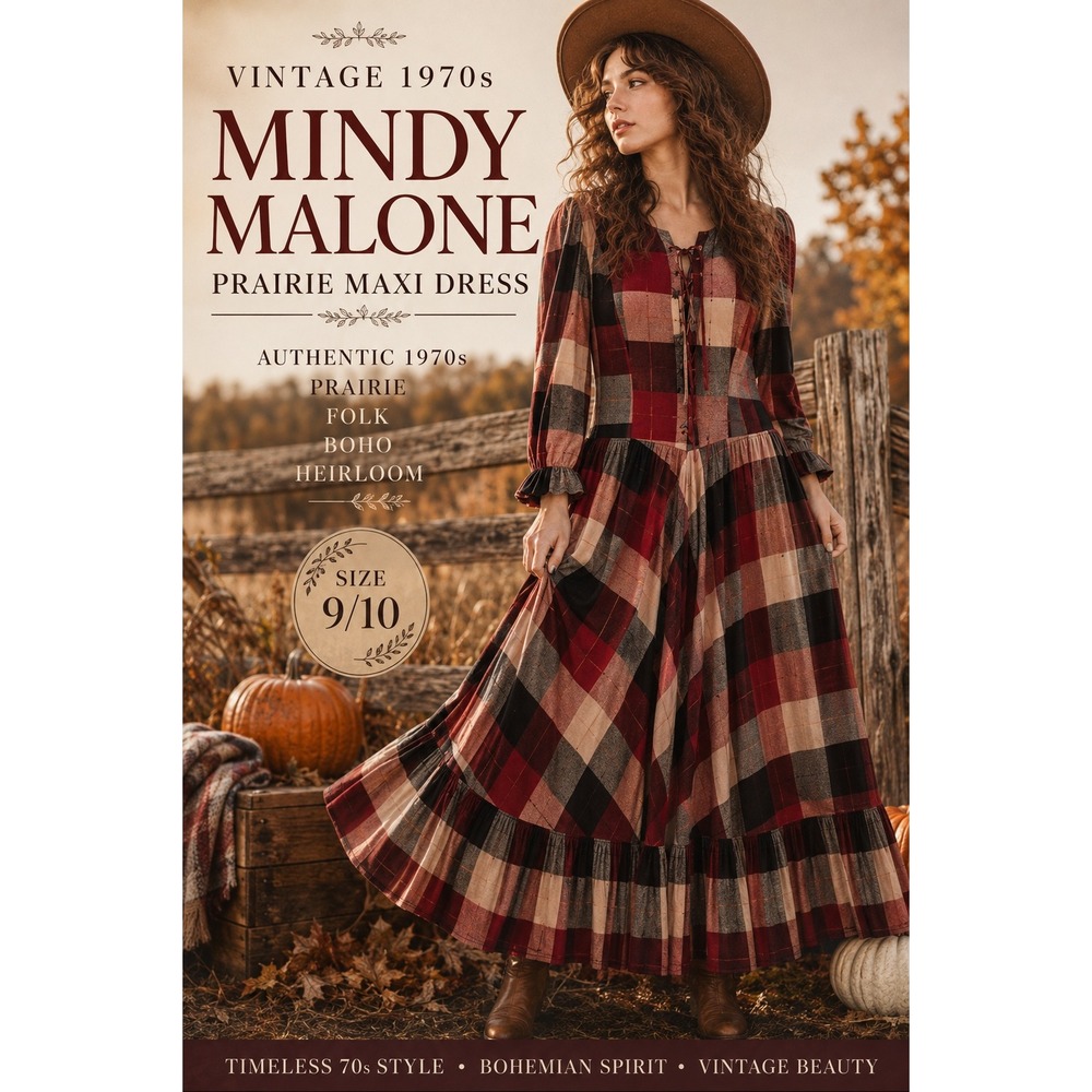 Vintage 70s Mindy Malone Plaid Prairie Maxi Dress Boho Folk Cottagecore 9/10